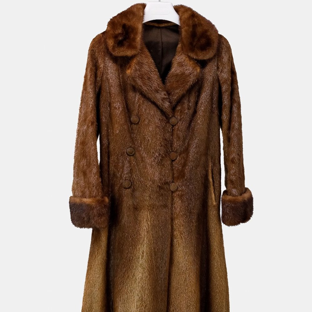 Long Brown Beaver Coat with Mink Trim